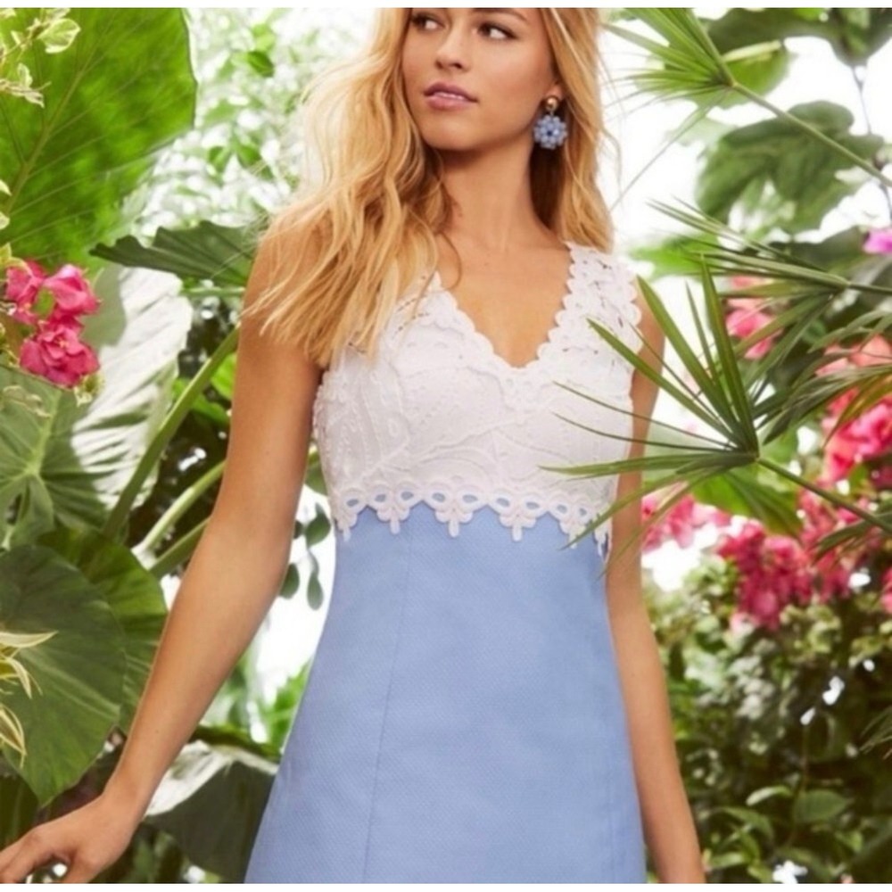 Lilly Pulitzer Sandi Stretch Shift Dress Blue Periwinkle White Lace Bodice 16